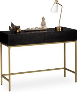 Relaxdays Consola Recibidor, 2 Cajones, Sideboard, Mesita Pasillo, Salón, Madera y Metal, 80x110x40 cm, Negro y Dorado