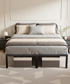 Warmiehomy Marco de cama tamaño King, marco de cama de metal de 36 cm con almacenamiento debajo de la cama y soporte de listones de acero, fácil montaje y sin ruido, 150 x 200 cm, color negro