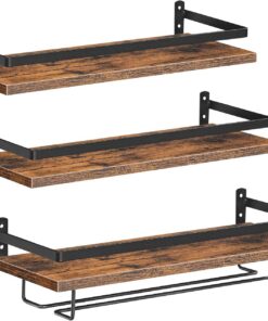 HOOBRO Juego de 3 Estantes para Vino Montado en la Pared, Estantes para Vino Flotantes, Porta Botellas de Vino Porta Vasos Altos, para Sala de Estar, Comedor, Cocina, Marrón Vintage y Negro EBF34BJ01