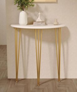 Mesa Consola de Media Luna de Madera, Mesa de Entrada Estrecha con Estructura de Metal, Mesa Auxiliar Semicircular para Sala de Estar, Pasillo, Recibidor y Entrada(Oro,60x25x80CM)