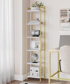 Hzuaneri Librería de 6 Niveles, Estantería Estrecha para Libros, 30 × 33 × 166 cm, Estantería para Oficina, Estudio, Sala de Estar, Dormitorio, Blanco-Oro BC24613G | Estantería delgada de madera para dormitorio, sala de estar, oficina en casa, resistente, color blanco y dorado, BC24613G