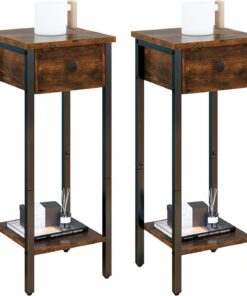 IBUYKE Mesitas de Noche Estrechas Pack 2,con Cajones,Marrón TMJ417H-2 | Estructura Metálica,Patas Regulables,25x25x71cm,Mesa Auxiliar para Dormitorio,Oficina,Salón