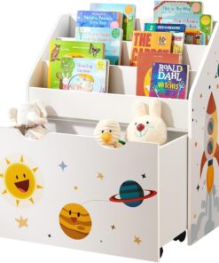 SONGMICS Estantería de Juguetes con 3 Compartimentos, Librería Infantil, Caja de Juguetes Móvil, con Ruedas, Multifuncional, para Habitación de los Niños y Sala de Juegos, Blanco GKR41WT