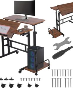 Escritorio móvil Ajustable (CarmC-124 con Ruedas, Hoja inclinable 80x60 cm, Altura Ajustable 67-115 cm, Capacidad de Carga de 50 kg, Hoja Lateral de diseño ergonómico, hogar, Oficina, Estudio (Negro)