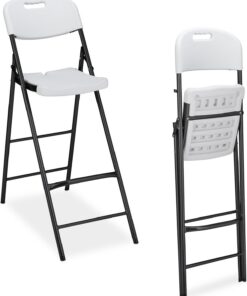 Relaxdays 2 Taburetes de Cocina Altos Plegables, con Respaldo, Banquetas Bar PE y Metal, 118x44,5x82 cm, Blanco
