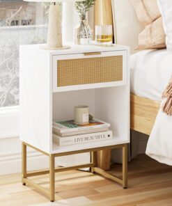 HEYZOEY® Mesita de Noche con cajón, Mesa Auxiliar de 40 cm de Ancho con Compartimento Grande, mesita de Noche Moderna para Dormitorio, salón u Oficina (40 x 30 x 60 cm, Blanco Estilo ratán)