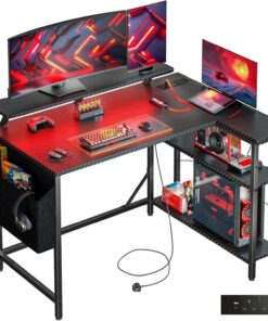 Escritorio para juegos en forma de L con luces LED y tomas de corriente, mesa pequeña de esquina para computadora de 100 x 80 cm con bolsa de almacenamiento, estantes ajustables y soporte