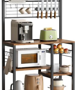 VASAGLE Estantería de Cocina, Soporte para Panadería, Isla de Cocina con Tira Magnética de Cuchillo, Cesta de Alambre, Soporte de Papel, 12 Ganchos, Marrón Rústico y Negro KKS026B01