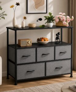 DUMOS Cómoda con cajones, cómoda y aparador para Dormitorio, Armario de TV con Marco de Acero Estable, Armario de Cocina con 5 cajones, Ideal para Dormitorio, salón (Gris)