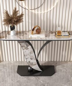 Mesa consola decorativa moderna de hierro en color dorado y negro con tablero de losa de piedra, patas con forma de hoja, mesa auxiliar estrecha para sofá, ideal para la entrada(Black 1,80cm/31.4in)
