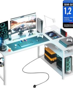 COMHOMA Escritorio de Juegos en Forma de L, Escritorio de Esquina con estantes de Almacenamiento, Mesa de Ordenador con Puerto de Carga USB y Toma de Corriente (Blanco-130cm)