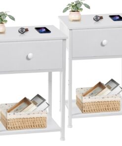 AMHANCIBLE Juego de 2 Mesitas de Noche, Mesilla de Noche Pequeñas con Cajón de Tela, Mesita Auxiliar Industrial Delgada con Estante, para Dormitorio, Salón o Espacios Pequeños, Blanco EHET03SDWT