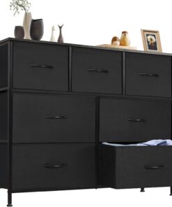 DUMOS Cómoda para Dormitorio con 7 cajones de Tela, Organizador Alto para Ropa, Armario de habitación Infantil, Torre de Almacenamiento con Armario, Marco de Metal, Tablero de Madera, Muebles Ligeros