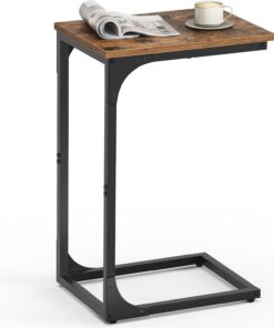 VASAGLE Mesa Auxiliar, Mesa de Sofá en Forma de C, Bandeja de TV, Estilo Industrial con Marco de Metal, para Sala de Estar, Dormitorio, Marrón Rústico y Negro LET350B01