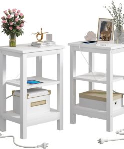 VECELO Mesitas de Noche Modernas con estación de Carga, Mesa Auxiliar de Noche con Estante de Almacenamiento para Espacios pequeños, Dormitorio, Sala de Estar