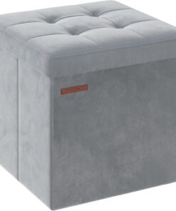 SONGMICS Puff Almacenaje, Banco de Almacenamiento de Terciopelo Plegable, Taburete Reposapiés, 38 x 38 cm, Carga de 300 kg, para Entrada, Sala de Estar, Dormitorio, Gris Paloma LSF227G02