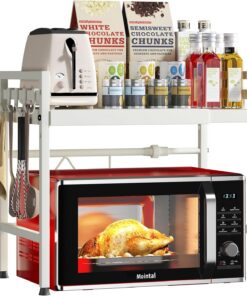 Soporte Extensible para Microondas, Repisa para Microondas 2 Niveles, Estante de Microondas Acero al Carbono, Organizador de Almacenaje de Cocina Ajustable con 8 Ganchos, Blanco