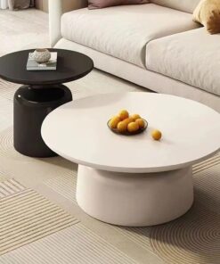 Juego de 2 Mesas de Café Redondas,Mesa de Centro de Sofá de Salón,con Escritorio Grande e Base de Acero Al Carbono,para Salón Comedor Sala de Estar(Black+White)