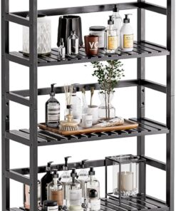 HITNET Estantería de Bambú, Estantería de 6 Niveles de pie Organizador de Almacenamiento de Baño con Estantes Ajustables para Sala de Estar Cocina Oficina, Negro