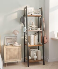 YMYNY 125CM Librería, Estantería de Escalera con 4 Ganchos, Estantería de 4 Niveles, para Salón Dormitorio Cocina Oficina en Casa, Estilo Industrial, Marco de Metálica, Marrón Rústico HBC024H