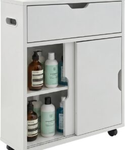 Relaxdays, Mueble para nicho con Ruedas y Puertas correderas, Blanco | Para baño/pasillo, MDF, AlxAnxF:67x52x17 cm