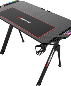 DRIFT GAMING DRDZ150 - Mesa Gaming con Tablero con Acabado en Fibra de Carbono, Alfombrilla Full Size, Soporte Tazas y Auriculares, Extensiones Laterales RGB, Organizador de Cables, Color Negro