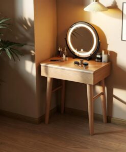 Tocador de Madera Maciza con Espejo LED Inteligente, tocador de Maquillaje para Dormitorio con Amplio cajón, Ordenador portátil, Ideal para Espacios pequeños.(Natural Wood,100cm/39.4in)