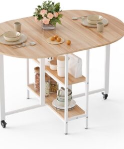 Mondeer Mesa de Comedor Plegable móvil con 2 estantes de Almacenamiento Abiertos, diseño de Bordes Redondos, Espacios pequeños, Comedor, Cocina, 120 x 80 x 75 cm, Roble y Blanco