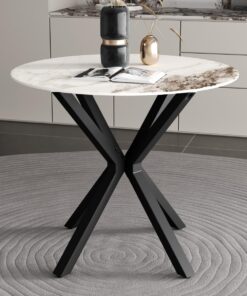 GOLDFAN Mesa de comedor redonda con efecto mármol para 2 personas con parte superior de piedra sinterizada blanca brillante, mesa de cocina pequeña de 90 cm con patas cruzadas, perfecta para comedor