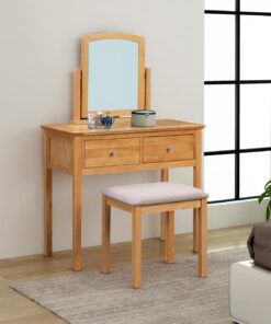 Hallowood Furniture Hereford - Juego de tocador de roble claro con taburete y espejo, mesa consola de madera con espejo giratorio y taburete con asiento acolchado gris, juego de mesa de maquillaje