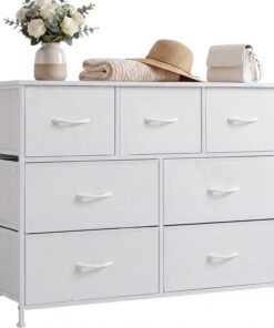DUMOS Cómoda con cajones, cómoda y aparador para Dormitorio, Armario de Cocina con 7 cajones, cómoda de Tela con Marco de Acero, Armario pequeño, Ideal para Pasillo, salón (Blanco)