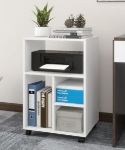 PUNCIA Mueble para Impresora Mesa Auxiliar Oficina con Ruedas 50 x 40 cm | Organizador Archivador con 4 Estantes Ajustables Abiertos Armario Móvil para Documentos A4 Carro de Despacho Estudio Blanco