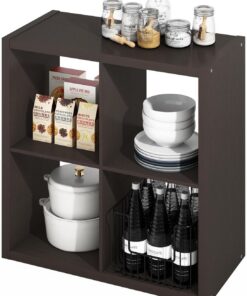 Furinno Hermite Abiertos para Almacenamiento, Isla de Cocina, Estante para panaderos, aparador de Buffet, Madera de ingeniería, Roble Oscuro, 4-Cube