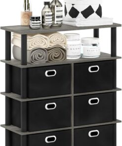 Furinno Frans Turn-N-Tube-Mesa Consola con cajones, Madera de ingeniería, Roble Francés/Negro/Negro, 4-Tier