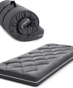 Jamdok Colchón de suelo enrollable individual, espuma viscoelástica, portátil (190 x 75 x 10 cm) | Cubrecolchón plegable para cama, funda lavable a máquina, almohadilla para dormir, color gris oscuro