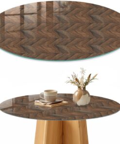 Tapa para Mesa de Centro 50 cm | Redondo | Multiusos | Bordes Pulidos | Parquet en espiga | Vetro Temperato | con Impresión Decorativa | Pies Antideslizantes | para la Cocina y Salón