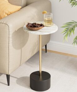 HEYZOEY Mesa auxiliar, pequeña mesa redonda de cóctel, mesa de café blanca con diseño de mármol, mesa de bebidas para espacios pequeños, salón, dormitorio, blanco, negro y dorado