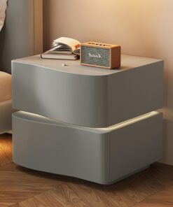 Mesita De Noche Flotante Estilo Ola con Luz, Moderna Sencilla Diseño De Perfil Curvo Mesita De Noche Color Crema con Dos Cajones,para Dormitorio Salón(D,50 * 40 * 42cm/15.7 * 19.7 * 16.5in)