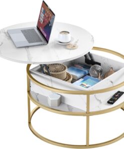 YITAHOME café Mesa de Centro con Tapa abatible, Madera de ingeniería, Blanco/Dorado, 80x80x47cm