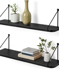 Afuly Estantería de Pared Larga, Baldas de Madera Negra con Soporte Metal | 60cm Repisas de Pared Juego de 2, Balda, Almacenaje, Decoración, Balda Flotante para Fotos, Plantas, para Salón, Dormitorio