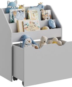 SONGMICS Estantería de Juguetes con 3 Compartimentos, Librería Infantil, Caja de Juguetes Móvil, con Ruedas, Multifuncional, para Habitación de los Niños y Sala de Juegos, Gris Paloma GKR041G10