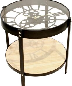 HOME DECO FACTORY - HD6446 Mesa Auxiliar Redonda con Reloj - Metal y Vidrio - Modelo Pequeño - Funciona con Pila AA - Dimensiones 40,5 x 40,5 x 39 cm - Color Negro y Transparente