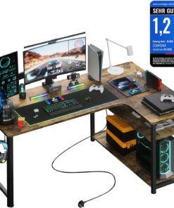 COMHOMA Escritorio de Juegos en Forma de L, Escritorio de Esquina con estantes de Almacenamiento, Mesa de Ordenador con Puerto de Carga USB y Toma de Corriente