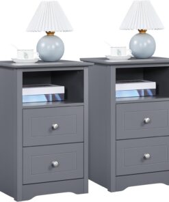 Yaheetech 2pcs Mesitas de Noche Blancas Mesillas de Noche | con Dos Cajones Mueble para Cama Dormitorio Madera MDF 40x35x60cm Gris Oscuro