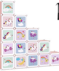 SONGMICS Armario Modular Infantil de 16 Cubos, Organizador Modular para Niños, Estantes de Cubo de Plástico, con Puertas, para Ropa, Zapatos, Juguetes, 123 x 31 x 123 cm, Rosa LPC906P01