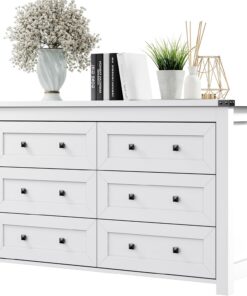 Cómoda para dormitorio con 6 cajones, cómoda de madera de granja, soporte de TV ancho con asa de metal, organizador de ropa moderno para pasillo, sala de estar, entrada, color blanco