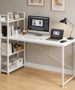 DUMOS Escritorio para Ordenador, Mesa de Oficina con Soporte para Auriculares y Bolsa de Almacenamiento, pequeño Escritorio de Estudio, Mesa de Madera, Mesa de Oficina para el hogar