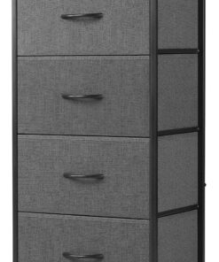 DUMOS Cómoda con cajones, cómoda y aparador para Dormitorio, Armario de Cocina con 4 cajones, cómoda de Tela con Marco de Acero Estable, Ideal para Dormitorio, salón (Gris)
