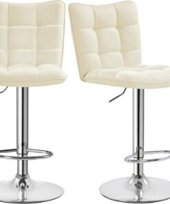 Yaheetech 2 Taburetes de Bar Sillas Giratorias de Piel Sintética Beige | Silla Alta con Respaldo y Reposapiés, Tejido Acolchado, Ajustable y Giratorio 360°, para Desayuno, Mostrador, Cocina y Hogar