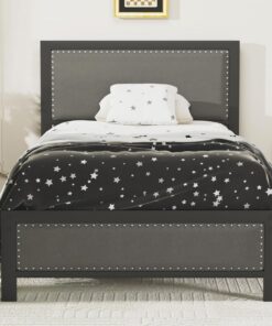 VECELO Estructura de Cama de 90 x 200 cm, Cama de Metal para Cama Doble con cabecero y pie Acolchados, Marco de Cama con somier, 32 cm de Altura Debajo de la Cama, no Requiere somier, Color Gris